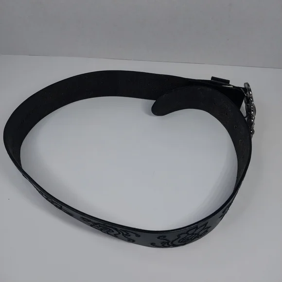 White House Black Market Black Leather Roses Filigree Style Belt Buckle Sz M - Picture 9 of 10